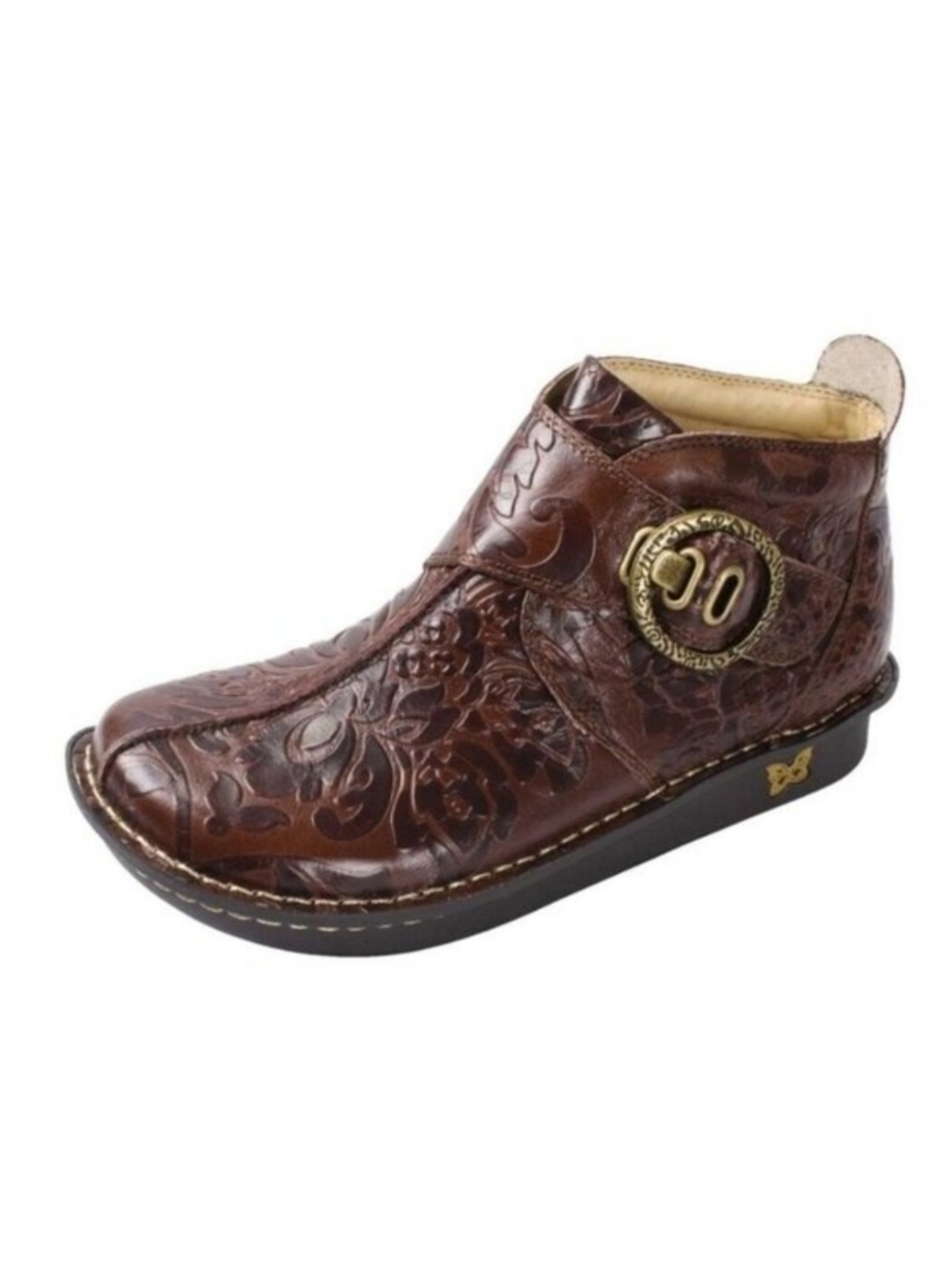 Alegria Caiti Yeehaw Floral Tooled Brown‎ Leather Buckle Ankle Boots Booties 39